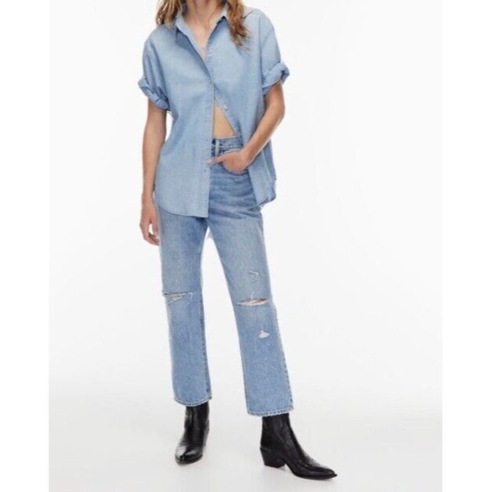 Denim Forum Sz 26 Jeans Joni High Rise Loose Distressed Light Blue Classic Boho